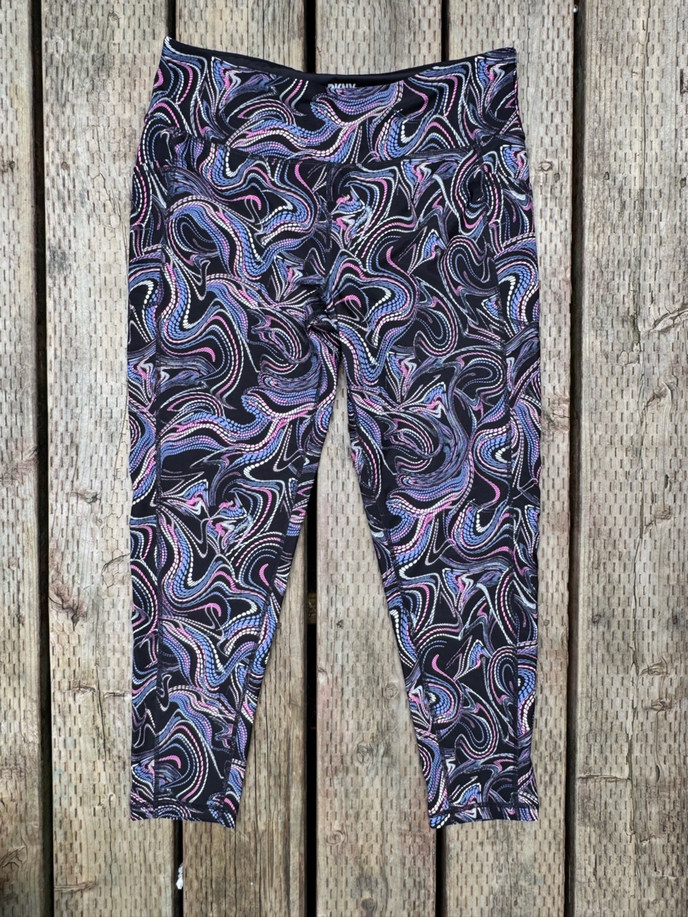 DKNY Black Leggings with Purple and Blue Swirl Design